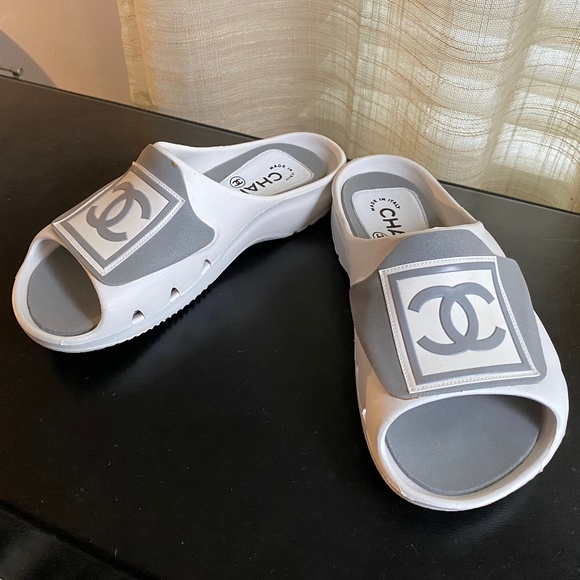 Chanel Shoes - Chanel white grey rubber sandals mules size 35-5 slides slip on flats flip flops